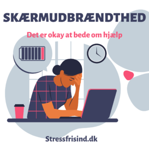 Illustration af en person, der er træt og frustreret foran en computer, med lav batteristatus og et ur som symbol på stress og skærmudbrændthed.