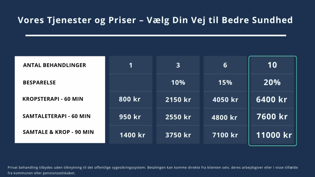 Prisliste for kropsterapi, samtaleterapi og kombinationsbehandlinger hos Stressfrisind i Silkeborg – 2025